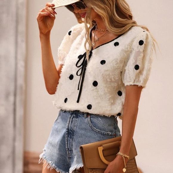 Boho Cream Fuzzy Floral Polka Dot Top - Picture 7 of 11